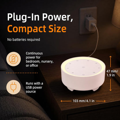 Kipcush White Noise Machine for Sleeping – High-Fidelity Non-Looping Sounds, Dimmable Night Light, USB Powered, Sleep Sound Machine for Baby, Kids & Adults (A - Model White+, Standard)