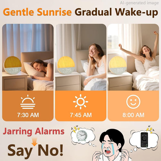 Sunrise Alarm Clock with Sounds Machine:Gentle Gradual Wake Up Light for Heavy Sleepers Relieve Anxiety Dimmable Clock with Bluetooth Memory for Bedroom - White Noise Machine with 30 Sleep Sounds
