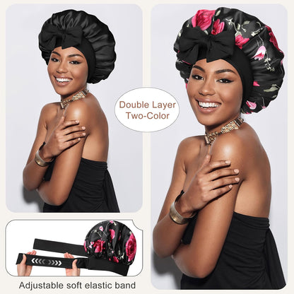 Satin Bonnet for Sleeping Cap Double Layer Hair Bonnet with Elastic Tie Band for Curly Hair Night Cap (Bean Paste + Pink)