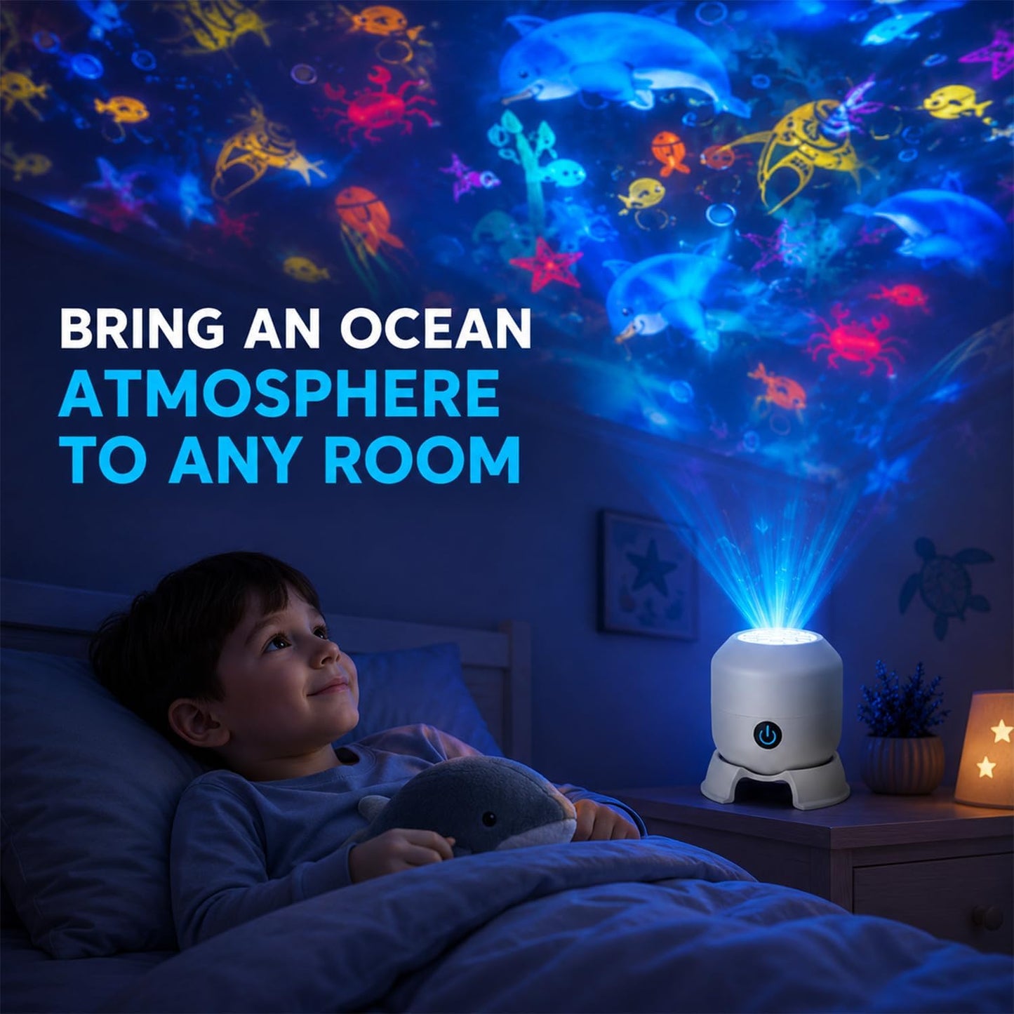Dynamic Rotating Led Projector Light, Rotating Night Lamp | Dimmable Brightness, 360° Rotating Ocean Scene, USB Rechargeable, Night Light for Kids & Adults, Bedroom/Party Decor