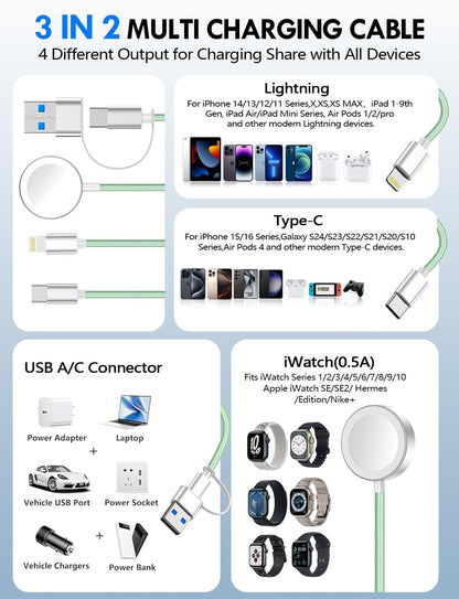 Travel Essentials for Apple Watch Charger,3-in-2 Multi Charging Cable