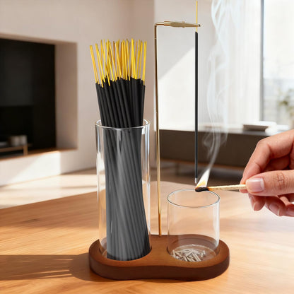 Incense Holder, 2 in 1 Incense Sticks Burner with Glass Ash Catcher & Stick Storage, Meditation Yoga Spa Gifts for Women, House Warming Gifts New Home Wooden Aesthetic Room Decor, Rustic Brown
