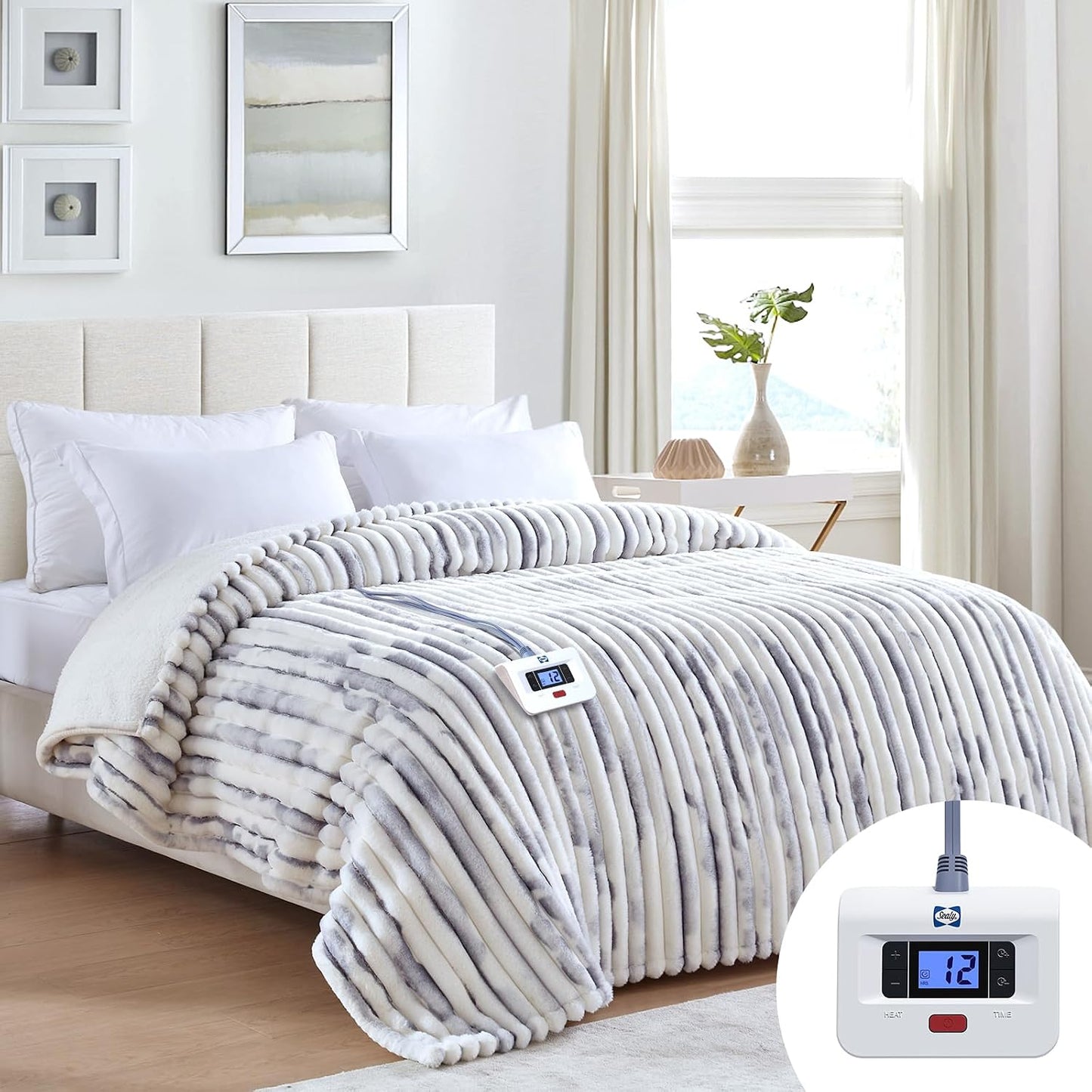 Sealy Electric Blanket Throw Size 50"*60",Super Cozy Faux Fur to Sherpa Reversible Heated Blanket Throw with 6 Heating Levels & 2-10 Hours Auto Off Overheating Protection Machine Washable,Blue White
