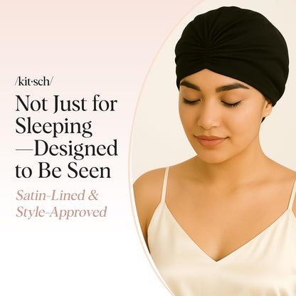 Kitsch Satin Lined Beanie - Softer than Silk Beanie For Sleeping Women, Breathable Hair Cover for Sleeping, Slouchy Beanies, Bonnets for Women, Hair Wrap, Reduce Breakage for Frizz-free Hairs - Black