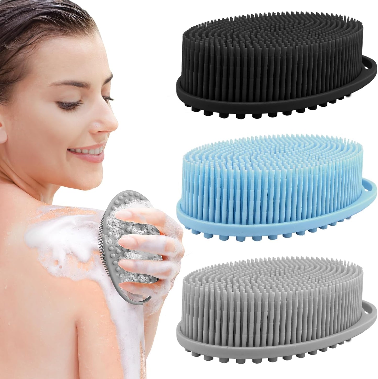 PQRUU 3 Pack Silicone Body Scrubber, Exfoliating Soft Loofah Bath Body Scrubbers for Use in Shower, Exfoliating Body Scrubber Fit for All Kinds of Skin, Rapid Foaming Black+Blue+Pink
