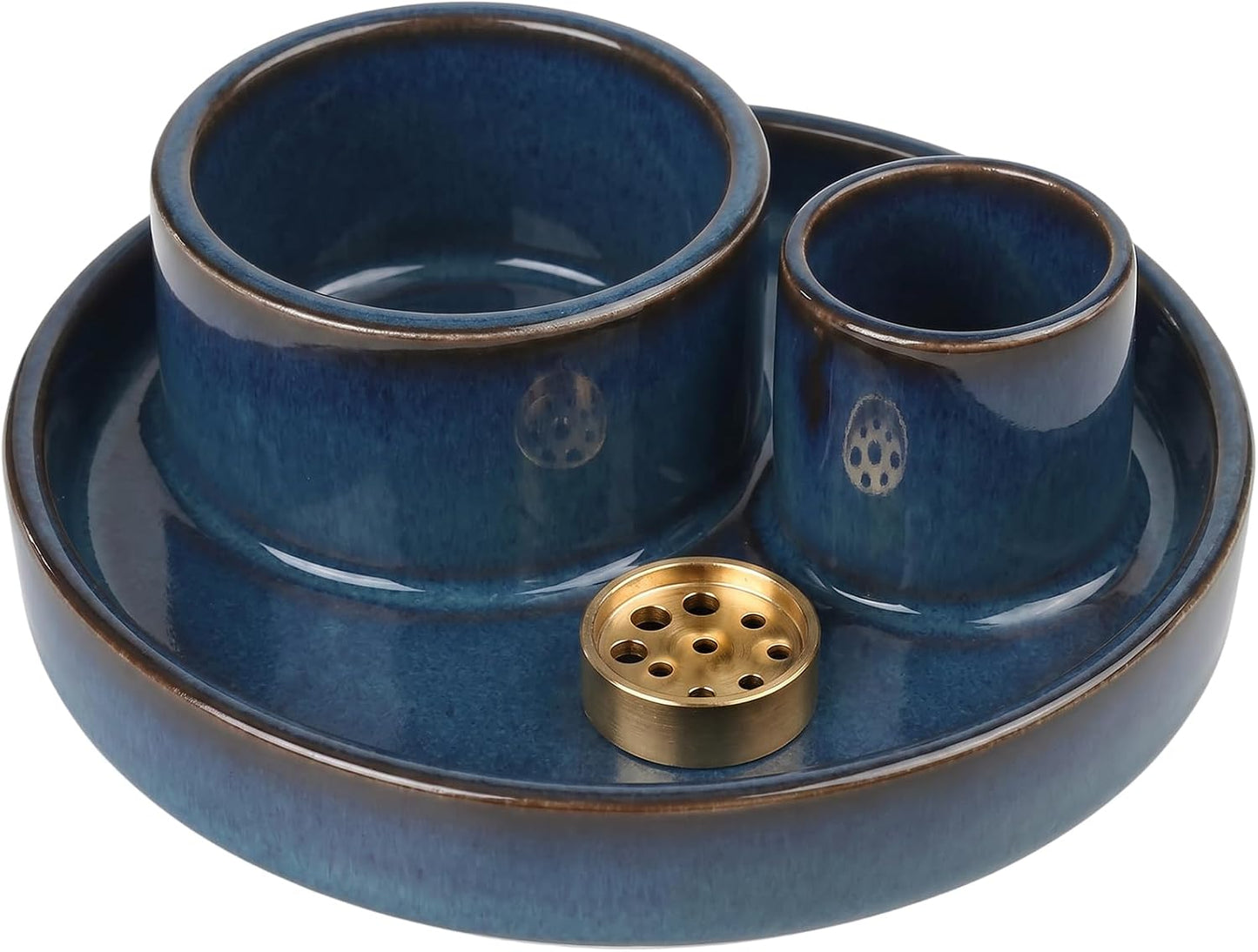 4 in 1 Ceramic Incense Holder, Multi-Function Incense Stick Palo Santo Sage Burner, Ash Catcher Tray for Meditation Yoga Room, Blue, 4.25 Inch