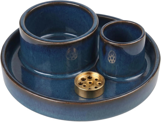 4 in 1 Ceramic Incense Holder, Multi-Function Incense Stick Palo Santo Sage Burner, Ash Catcher Tray for Meditation Yoga Room, Blue, 4.25 Inch