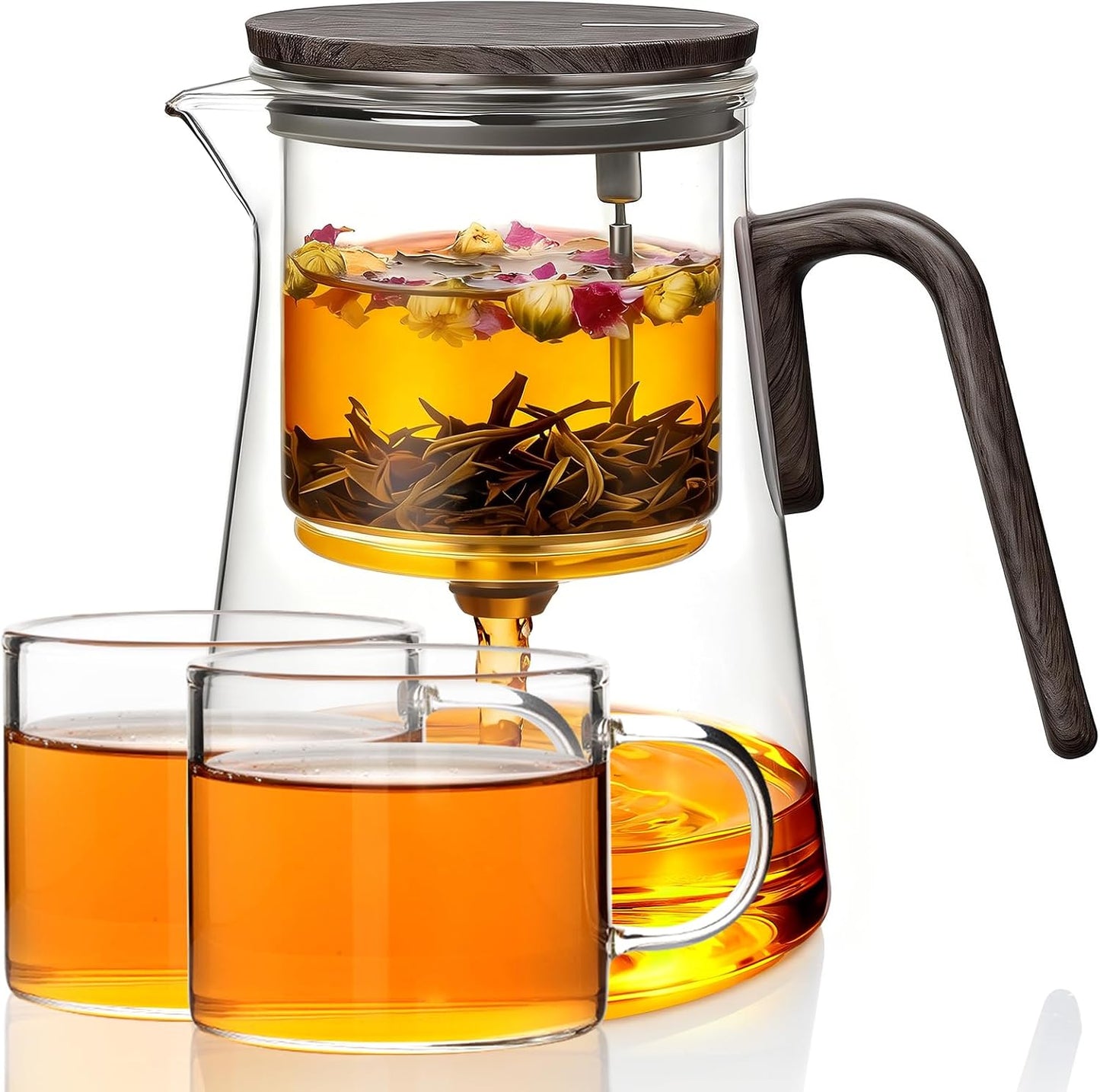 ZENS Magnetic Tea Pot, Enchanted Glass Teapot with Infuser and Magnetic Suction Lid for Mess-Free Loose Tea Diffusers, Walnut Wood Handle, Tea Lovers Gifts
