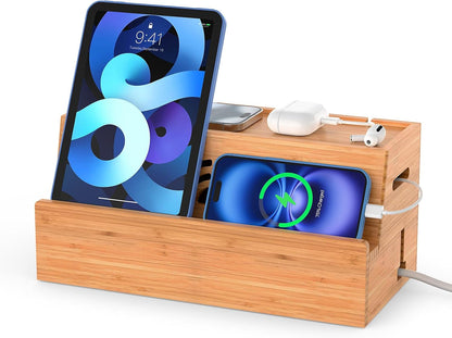 Bamboo Cable Management Box, White, 31X14X15.5CM