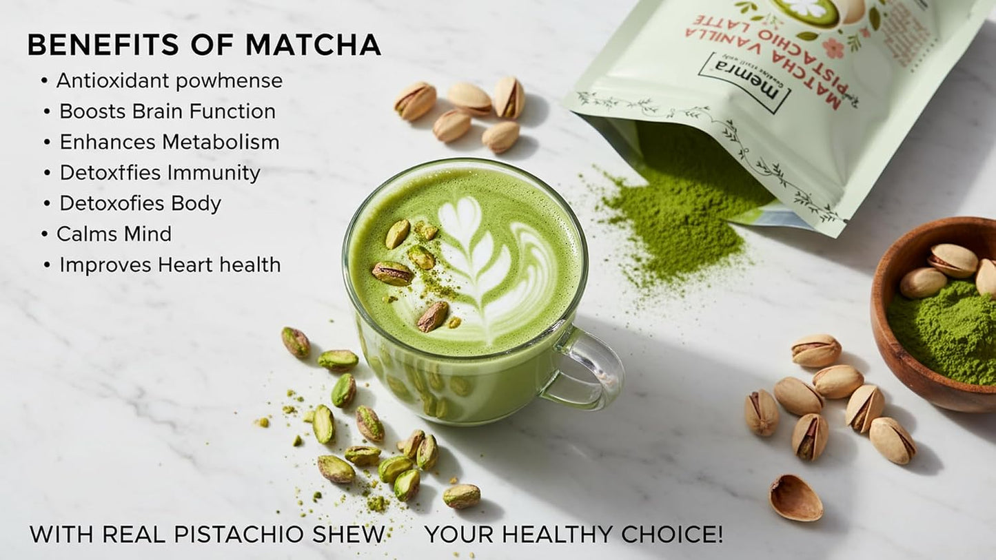 Matcha pistachio Vanilla Latte Mix – Creamy organic Green Tea Drink Powder – Hot or Iced Café Style daily Beverage 80g