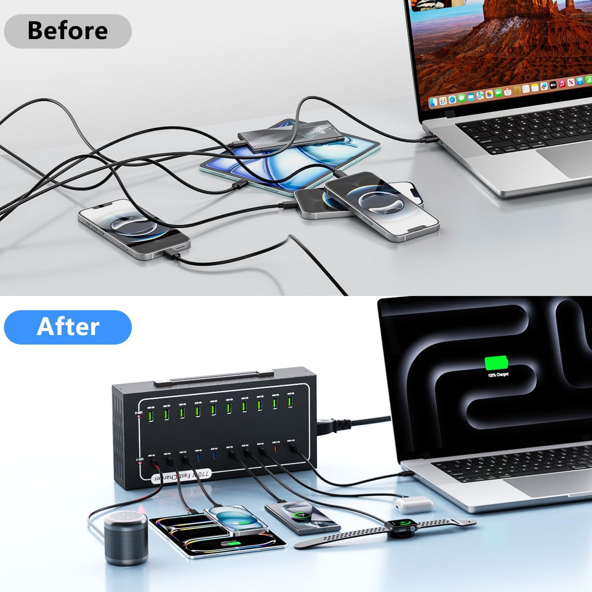 300W Charging Station with 24 Ports,USB Fast Charger for Multiple Devices,Multi Charger Station Organizer Compatible with Smart Power Delivery,Phone,Tablet,Charging Station for Home,Office,School