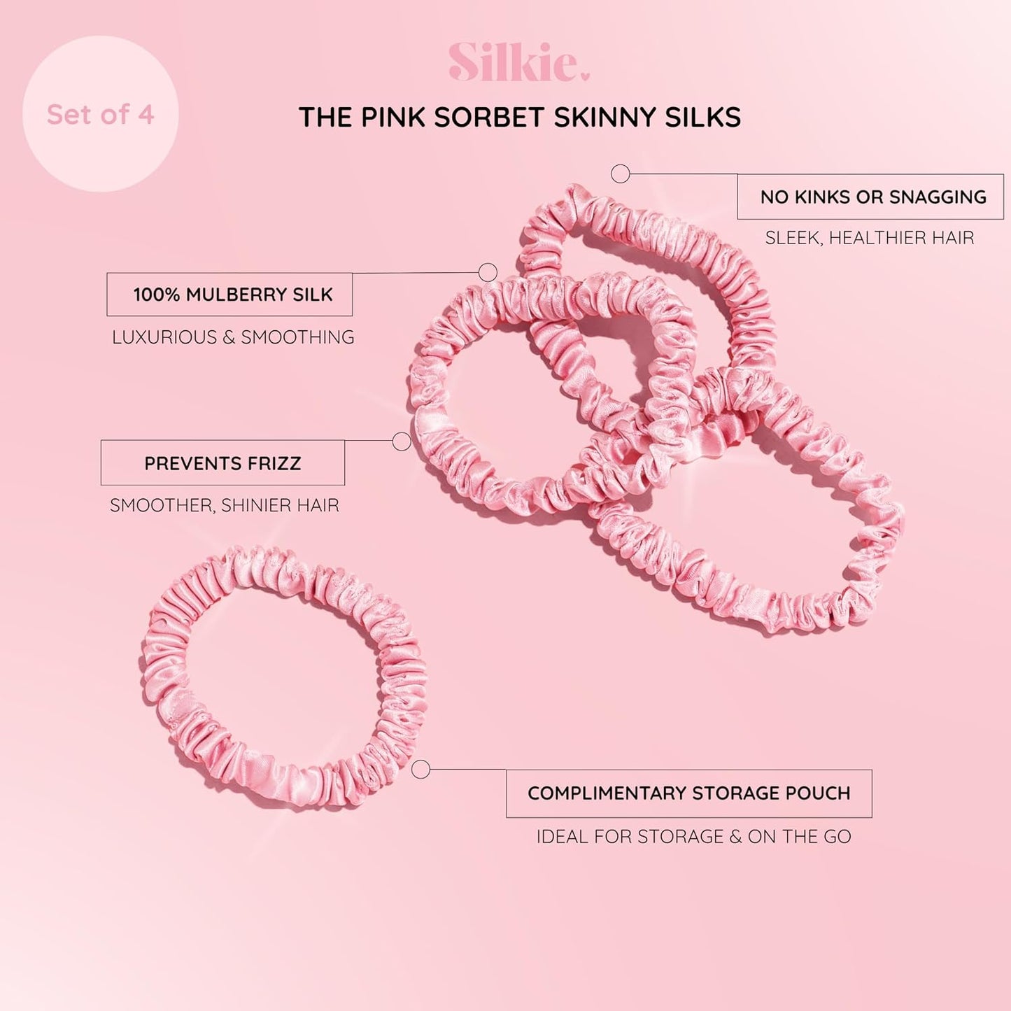 SILKIE x4 Set - Forget Satin - 100% Pure Mulberry Silk Black Brown Skinny Scrunchies Travel Pouch Everyday Hair Ties Elastics Hair Care Ponytail Holder No Damage (Chocolate)