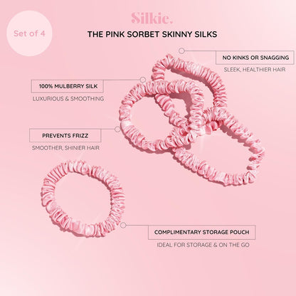SILKIE x4 Set - Forget Satin - 100% Pure Mulberry Silk Black Brown Skinny Scrunchies Travel Pouch Everyday Hair Ties Elastics Hair Care Ponytail Holder No Damage (Chocolate)