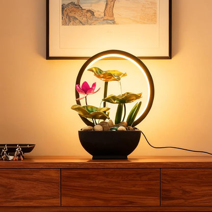AOZITA Tabletop Fountain, Indoor Waterfall Fountain, Small Home Décor Zen Relaxation Soothing Sound Machine for Office, Living Room, or Bedroom,Blue Metal Lotus with Bud, River Rocks,Round LED