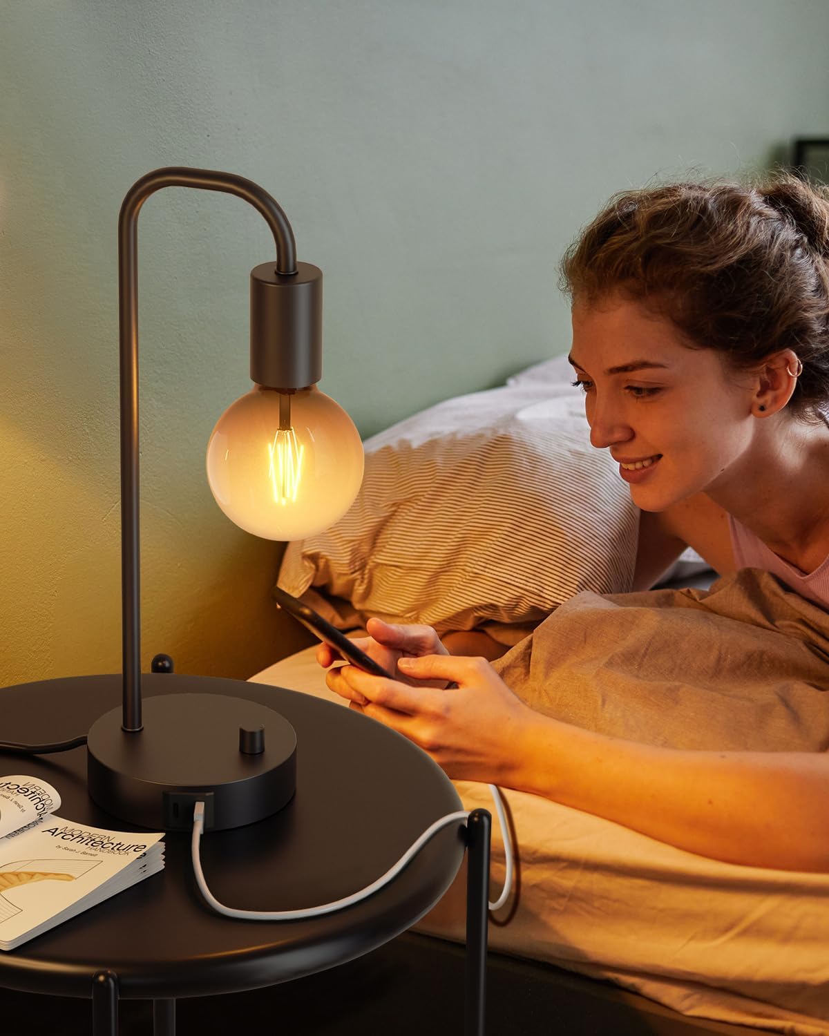 ONEWISH Industrial Table Lamp for Bedroom, Fully Dimmable Modern Bedside Lamps with 2700K Warm Light Bulb for Kids Reading, Minimalist Nightstand Lamps for Living Room, Office (Bulb Included)