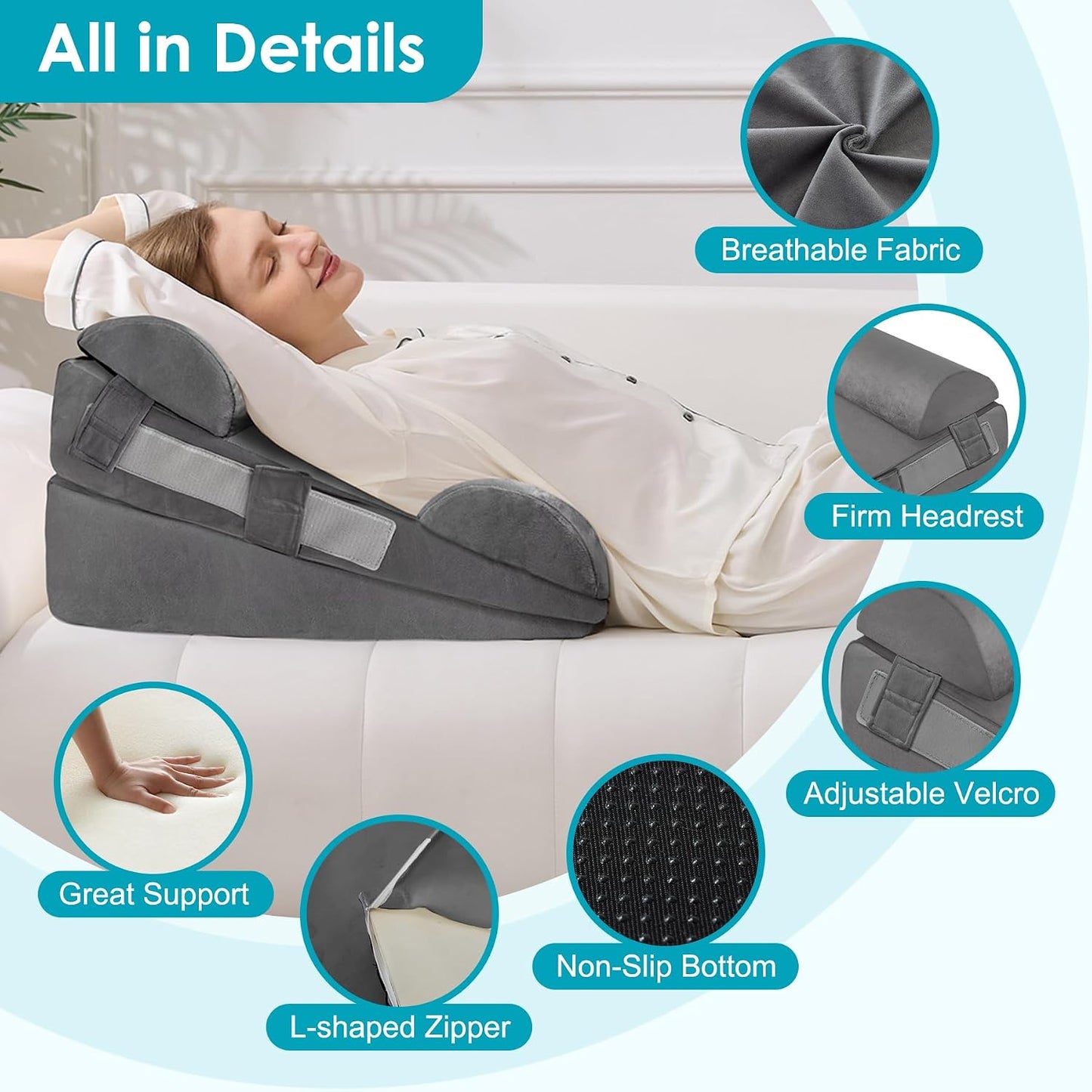 3Pcs Wedge Pillow Set for After Surgery,Acid Reflux Relief, Adjustable Bed Wedge Pillows for Sleeping,Anti Snore, Memory Foam Triangle Pillow for Back&Neck&Shoulder Pain Relief, White&Grey