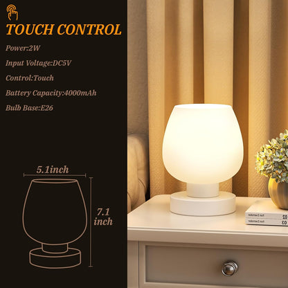 Seealle Touch Table Lamp for Nightstand - Small Bedside Lamp for Bedroom Living Room Night Stands, Desk Lamp with White Glass Shade for Small Spaces, 3 Way Dimmable, LED Bulbs, Gifts