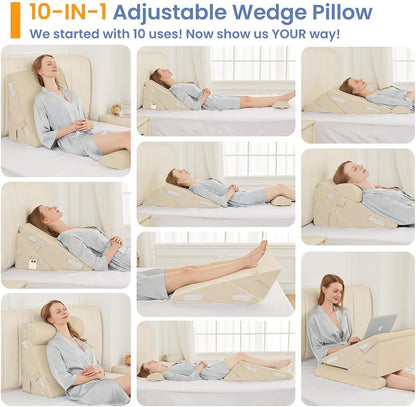 Sasttie Wedge Pillow Set for After Surgery, 2PCS Adjustable Bed Wedge Pillow Headboard with Memory Foam Neck Cushion – for Acid Reflux, Sleeping, Neck & Back Support, Dark Grey & White