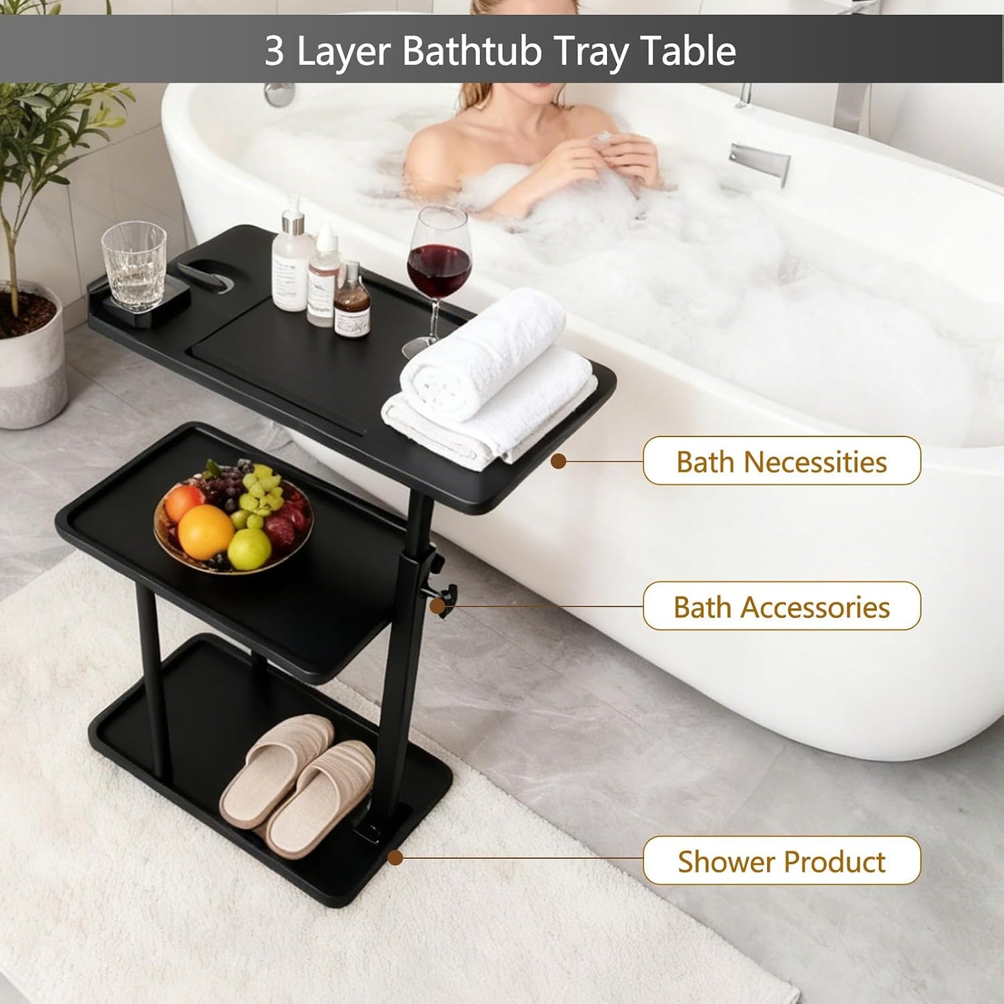 3 Layer Bathtub Tray Table,Bamboo Swivel Bathtub Side Table Height Adjustable,Freestanding Bathtub Tray for Tub Against Wall,Bathtub Accessories&Bathroom Organizer for Luxury Home Spa (Black)