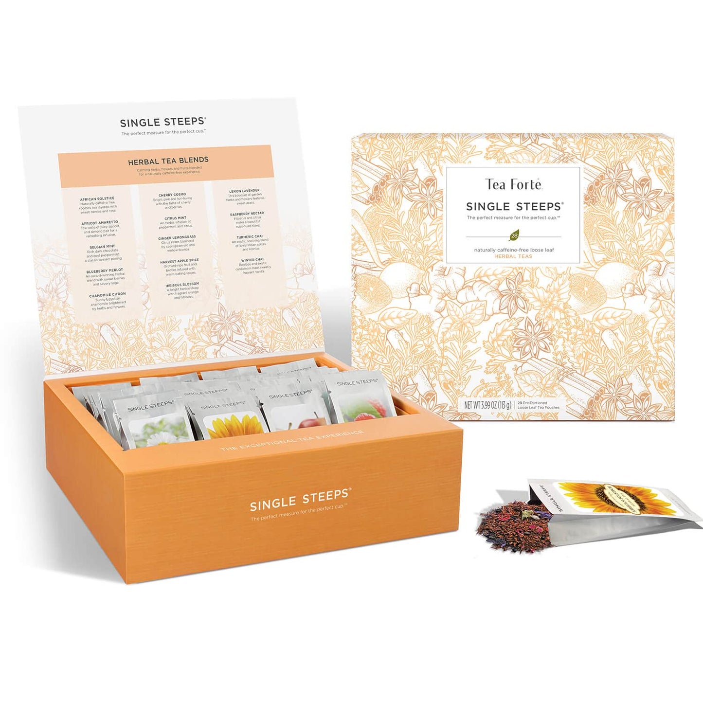 Tea Forte Single Steeps Loose Leaf Tea Sampler Tea Chest, Assorted Variety Tea Box, 28 Single Serve Pouches, Herbal Tea