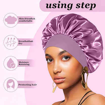 4PCS Silk Satin Bonnets for Black Women & Men - Elastic Wide Band Hair Wrap Cap for Curly Hair - Shower Cap for Sleeping (Black, Peacock Blue, Pink, Khaki)