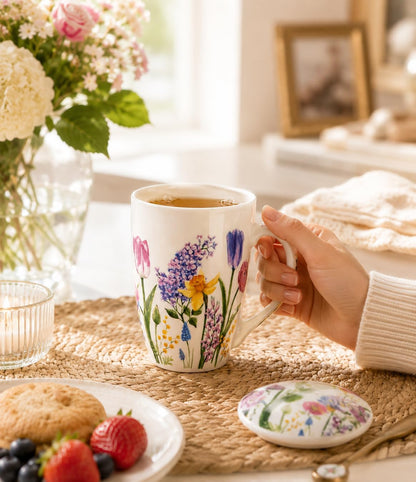 GBhome Tea Mug with Infuser and Lid, 18 Ounce Large Ceramic Loose Leaf Cup, Microwave, Dishwasher Safe, Perfect for Tea Lovers