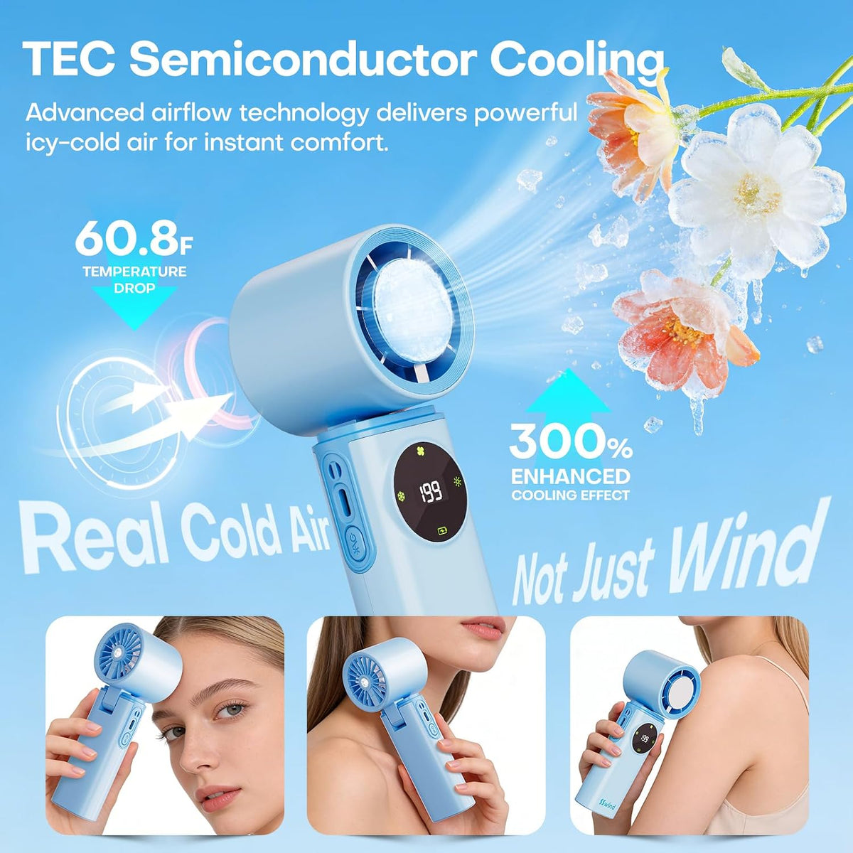 6000mAh Portable Handheld Fan with Ice Cooling, 199 Levels Stepless Speed, 20H Long Battery Life, 20000RPM Turbo Fan Rechargeable Personal Mini Fan for Travel, Outdoor, Makeup