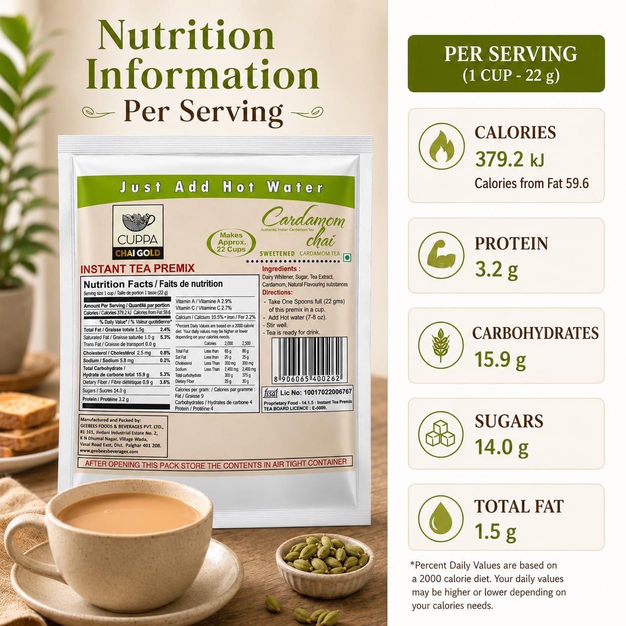 Chai Gold Instant Chai Tea Premix Powder - Sweetened Milk Tea Latte Mix for Home and Beverage Dispensers - [500g / 1.1 lb Bulk Bag] (Kadak)