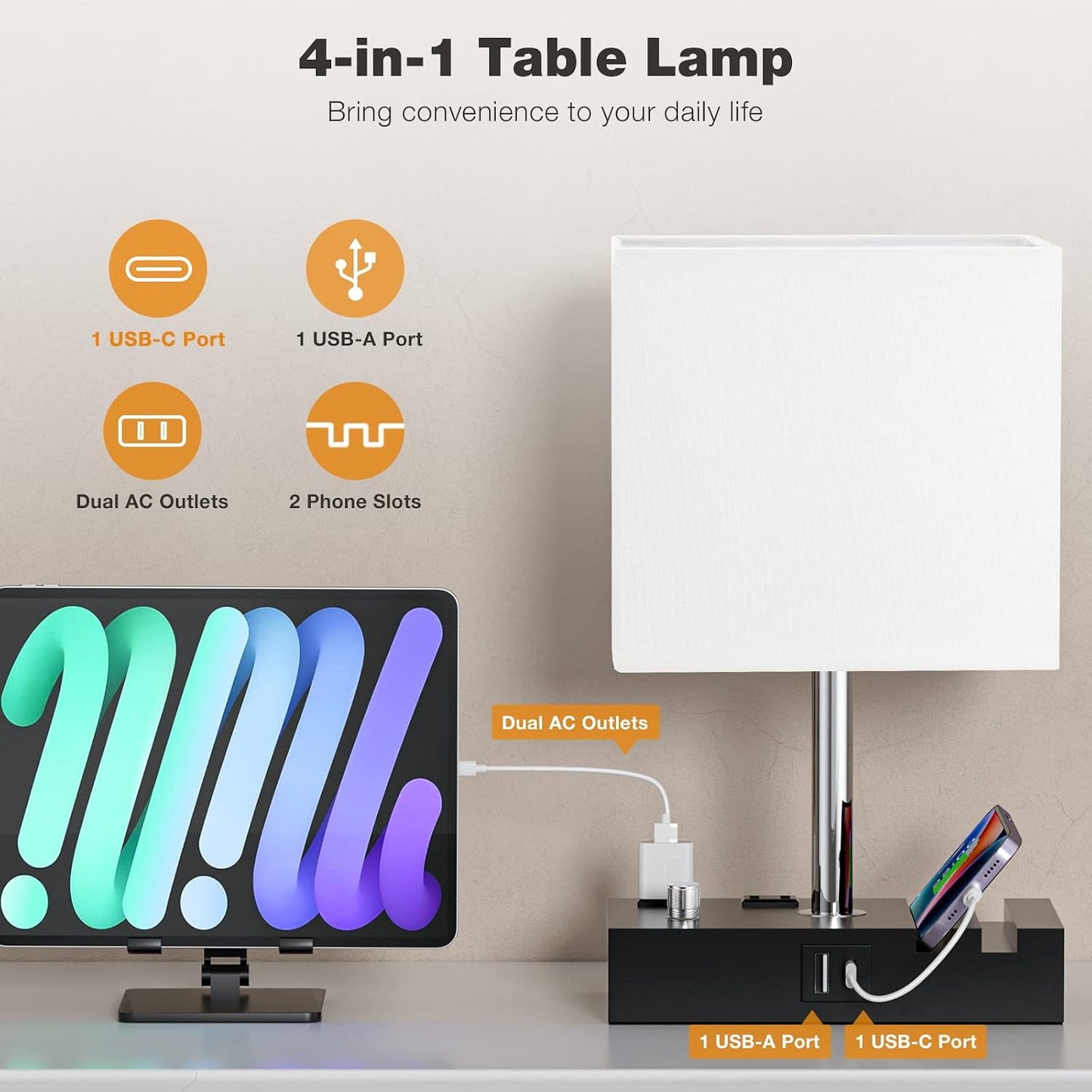 Kakanuo Fully Dimmable Nightstand Lamp for Bedroom with USB C Ports, Grey Small Bedside Table Lamp with Charging Outlets and Phone Stands, Wooden Desk Lamp for Living Room, LED Bulb Included