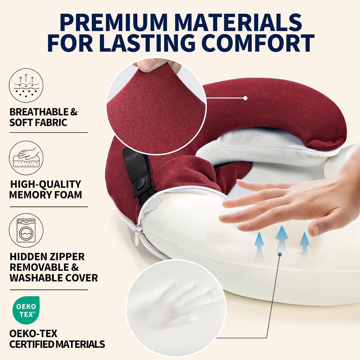 BUYUE Travel Neck Pillows for Airplanes, Memory Foam 360° Head Support Sleep for Long Flight, Skin-Friendly & Breathable, Kit with Eye Mask, Earplugs and Storage Bag (Adult, Grey, 90+ lbs)