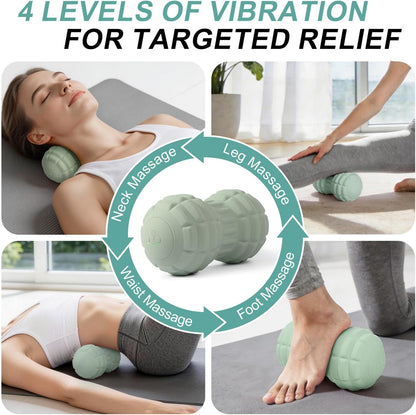 Silicone Vibrating Peanut Massage Ball Roller, Water Resistant Electric Double Lacrosse Massage Ball with 4 Intensities for Muscle Tightness, Deep Tissue Massager for Foot, Back, Hip (Green)