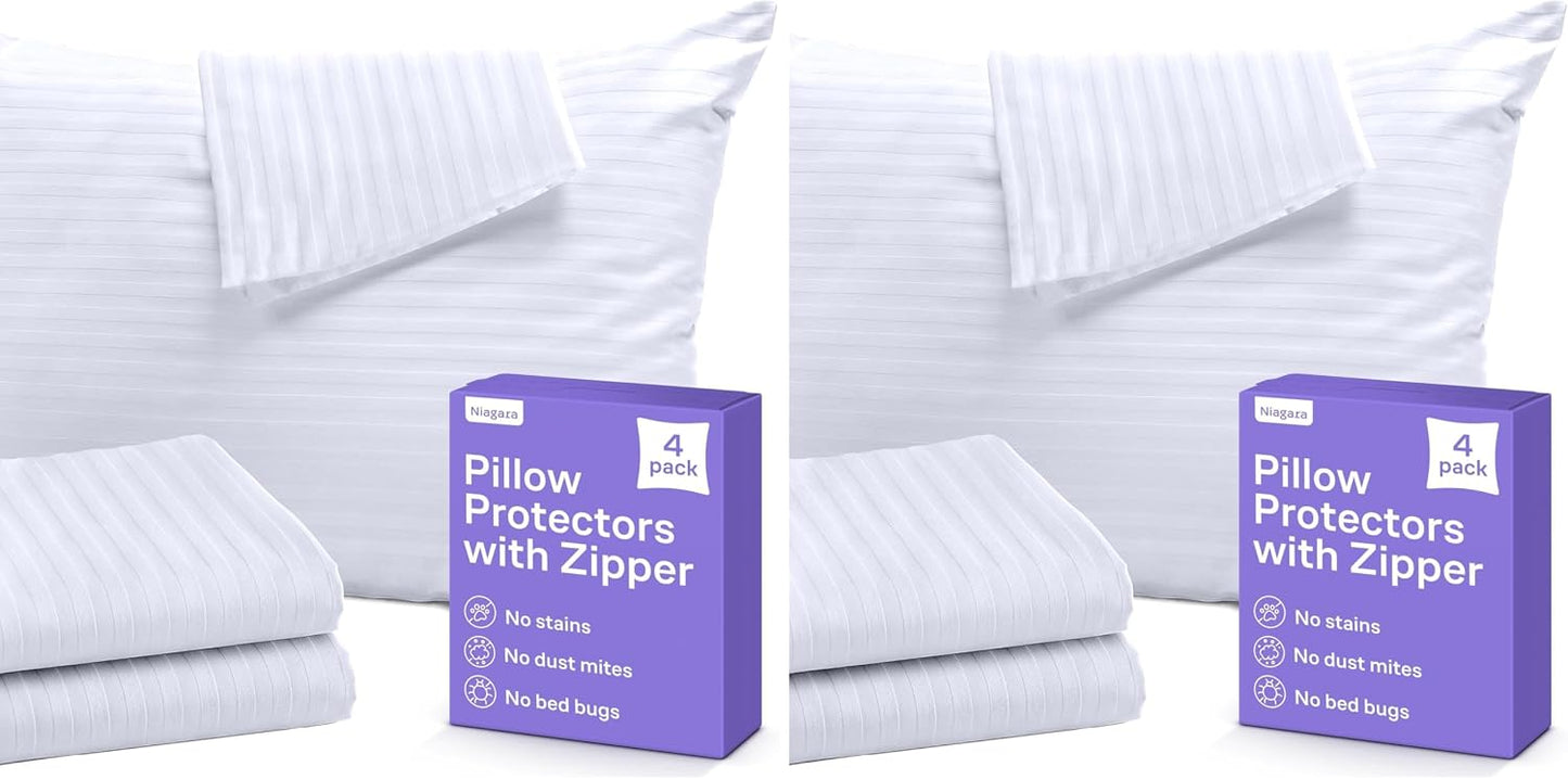 Set of 4 Pillow Protectors with Zipper Standard Size - 100% Resistant to Stains, Dust & Dirt - Washable Covers for Increased Pillow Lifespan