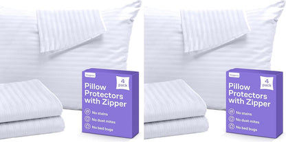 Set of 4 Pillow Protectors with Zipper Standard Size - 100% Resistant to Stains, Dust & Dirt - Washable Covers for Increased Pillow Lifespan