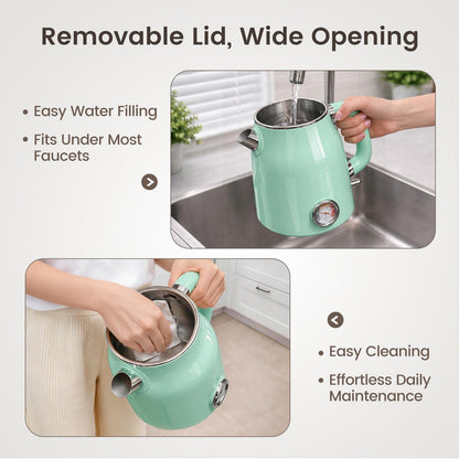 Mecity Retro Electric Kettle 1.7L, Stainless Steel Interior, Food-Grade Silicone Water Contact, Double Wall Cool Touch, 1500W Fast Boil, Thermometer (°F/°C), Wide Opening, Cream