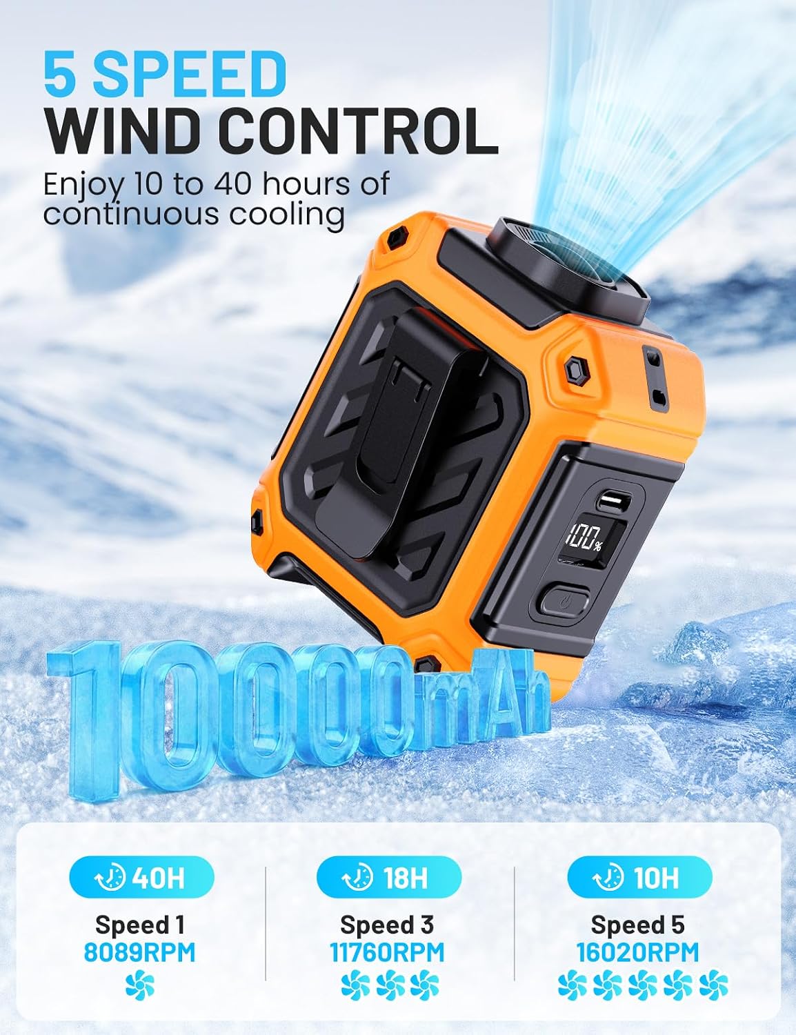 Portable Waist Fan with 10000mAh Battery, 5 Speeds, 130° Wide Angle Airflow, Hands-Free Clip-on for Outdoor Work, Hiking, Camping (orange)