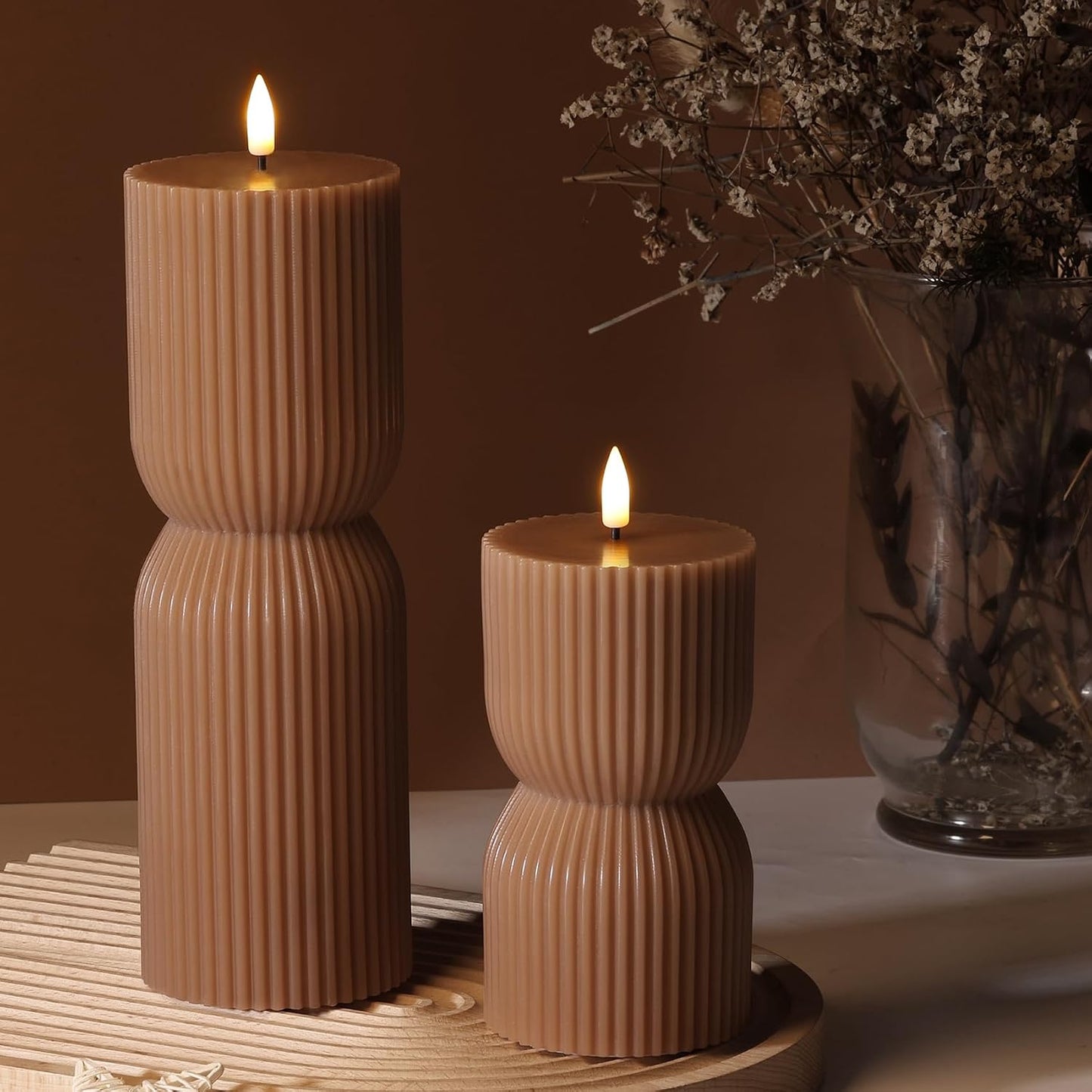 White Ribbed Flameless Pillar Candles with Remote, Real Wax Flickering Battery LED Candles Set of 2