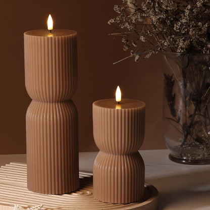 White Ribbed Flameless Pillar Candles with Remote, Real Wax Flickering Battery LED Candles Set of 2