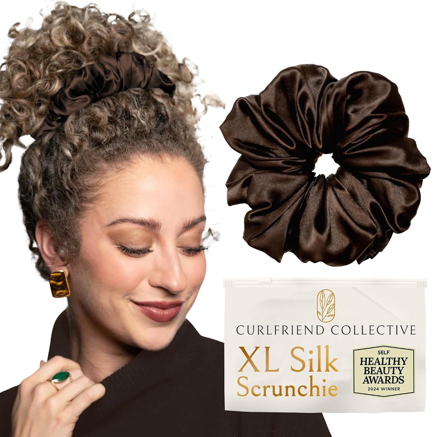 Silk Scrunchies for Women Ponytail Holders – Oversized Mulberry Silk Scrunchies – Extra Large No Damage Hair Ties for Curly, Thick, and Thin - Hair Accessories for Women – Black, XL By Curlfriend