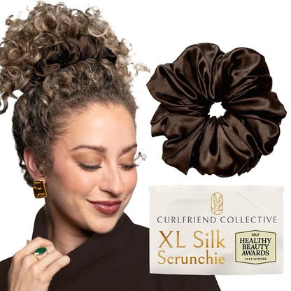 Silk Scrunchies for Women Ponytail Holders – Oversized Mulberry Silk Scrunchies – Extra Large No Damage Hair Ties for Curly, Thick, and Thin - Hair Accessories for Women – Black, XL By Curlfriend