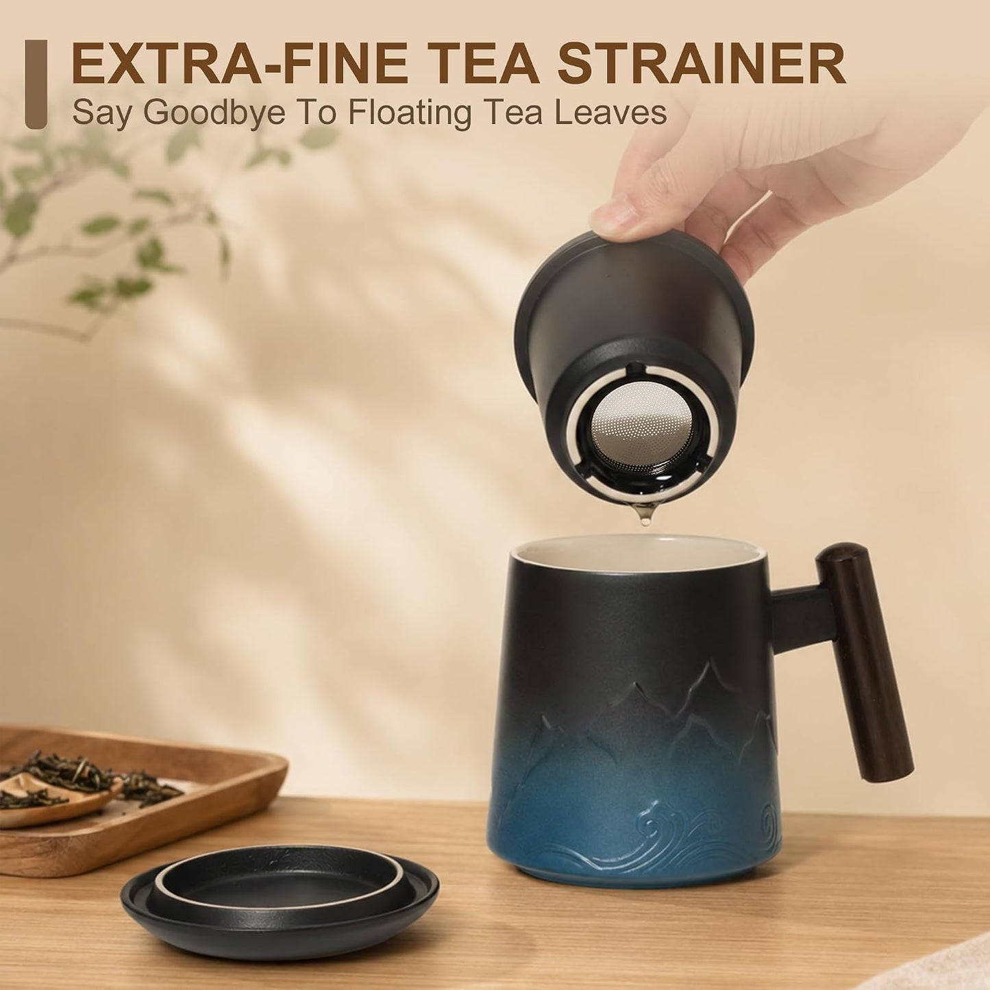 Tea Cup with Infuser and Lid, 14oz Ceramic Loose Leaf Tea Steeper Cup with Wood Handle and Cup Lid, Blue, Black