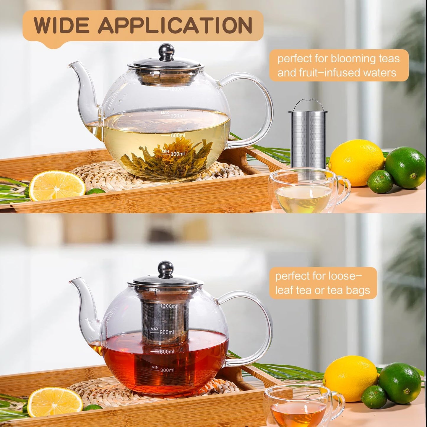 Glass Teapot, 1200ml (40oz) Tea Pot with Infuser for Loose Tea and Blooming Tea, Stovetop Safe Tea Kettle, Hand Crafted Borosilicate Glass Tea Maker with Scale Line, Tea Gift Set for Tea Lovers