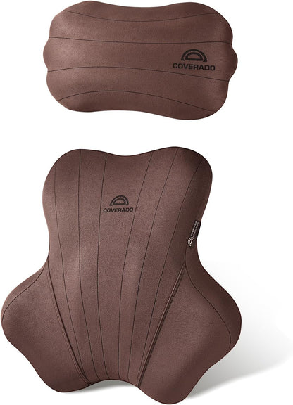 Coverado Car Lumbar Support Pillow and Car Neck Pillow Kit, Ergonomic Design Car Headrest Pillow for Driving, Relax Back Head Muscles Relieve Driving Fatigue, Breathable & Removable Cover, Gray