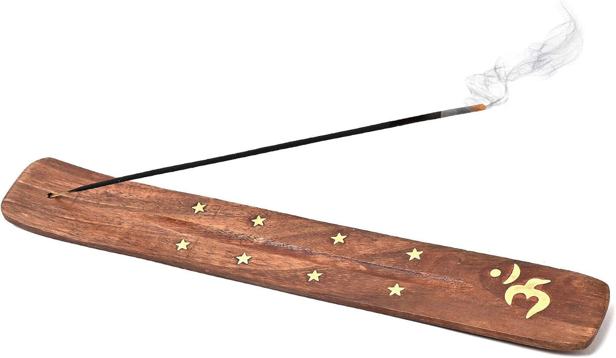 Wooden Incense Holder for Sticks with Inlays of Brass Crescent Moon 10 inches Long