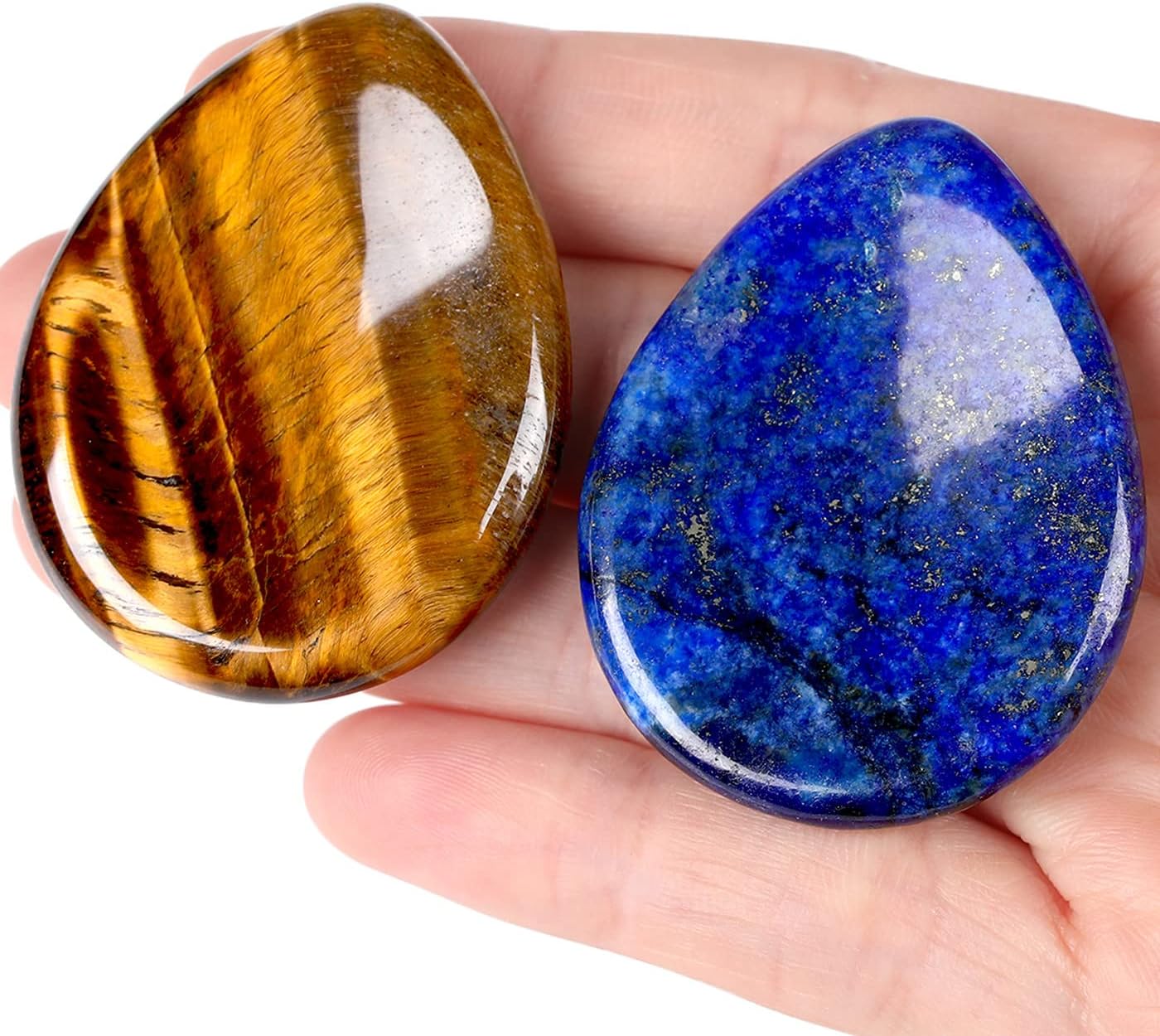 2PCS Worry Stone for Anxiety Tigers Eye Amethyst Healing Crystals Hand Thumb Stones Pocket Gemstones Meditation Accessories Oval Crystal Natural Relax Palm Stone Anxiety Relief Items Stocking Stuffers