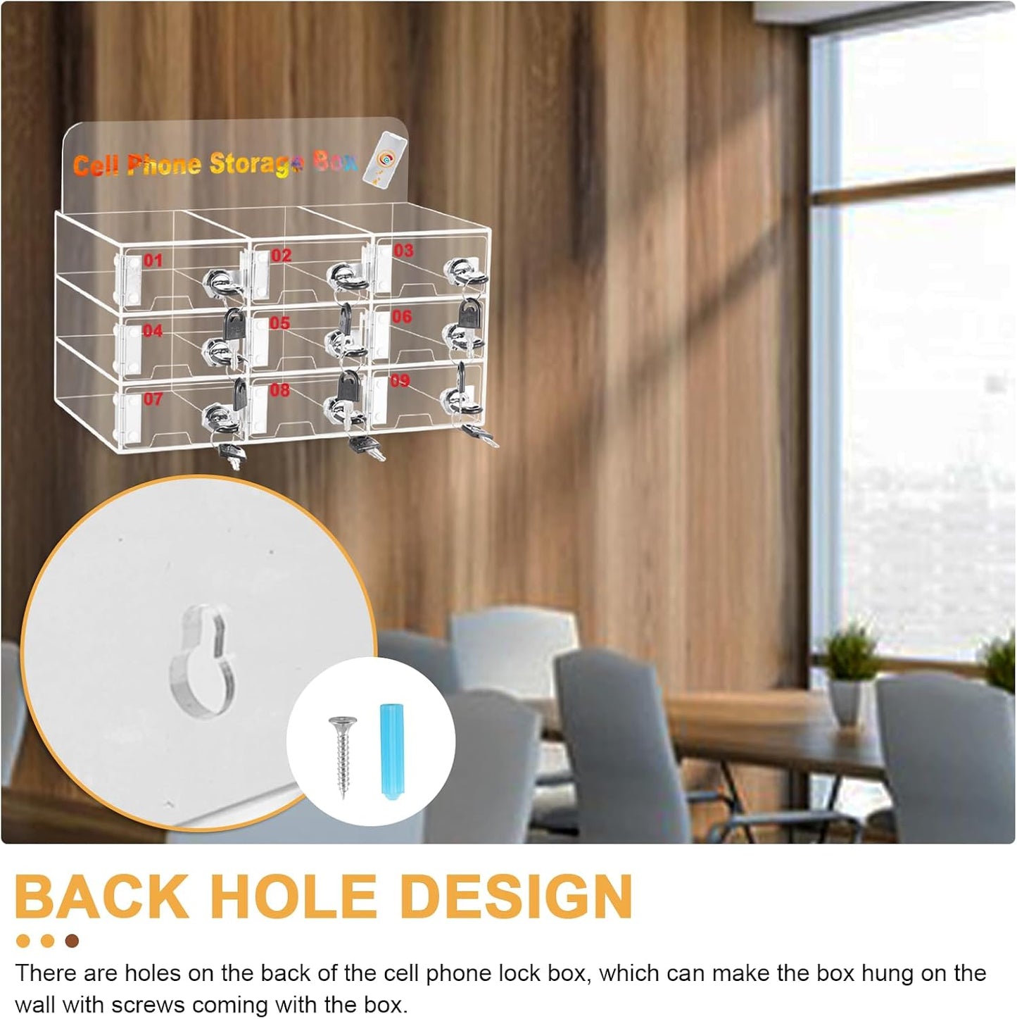 Cell Phone Locker Box 9 Slots, Wall-Mounted, with Door Locks & Keys