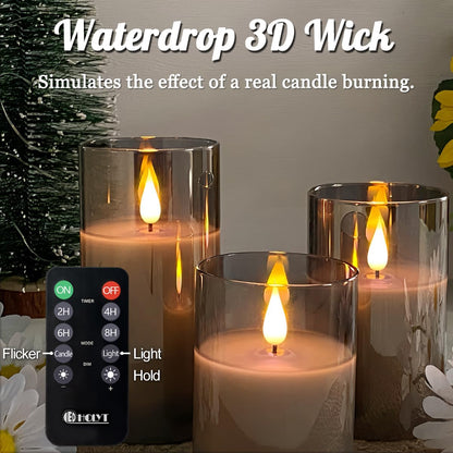 LEDHOLYT Rechargeable Flameless Glass Pillar Candles–Gifts for Women,–Set of 3, Realistic Flickering LED Flame,Remote & Timer, Ideal for Living Room, Bedroom & Halloween Festival Home Party Decor