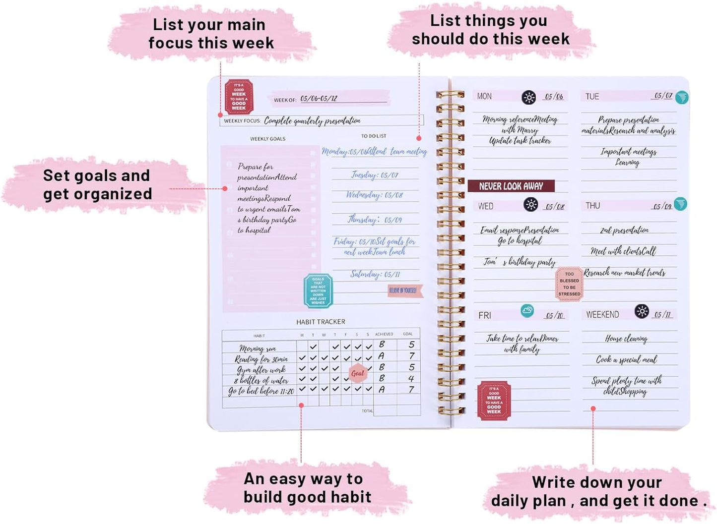 Undated Weekly Planner with Habit Tracker, 52 Weeks To Do List Notebook A5 Weekly Goal Planner with Spiral Binding & Stickers Home Work School Supplies for Women Girls 8.2" x 5.7" - Pink