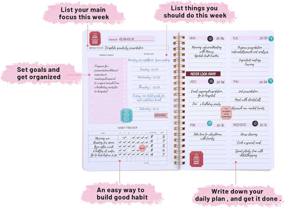 Undated Weekly Planner with Habit Tracker, 52 Weeks To Do List Notebook A5 Weekly Goal Planner with Spiral Binding & Stickers Home Work School Supplies for Women Girls 8.2" x 5.7" - Pink