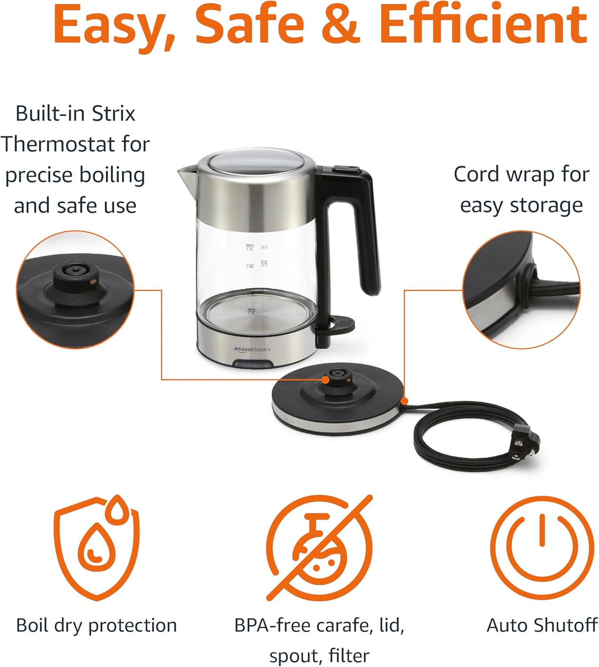Amazon Basics Electric Kettle with Glass Carafe for Tea and Coffee, BPA-Free, Fast Boiling, Auto Shut-Off, Boil-Dry Protection, Water Level Indicator, 1.7 Liter, 1500W, Black and Silver