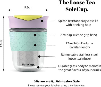 Large Travel Mug Loose Tea Infuser - Detachable Tea Strainer with Spill Proof Lid - 18oz/530ml BPA-Free Reusable Glass Travel Coffee Cup with Silicone Band (Ice Cream, 18oz)